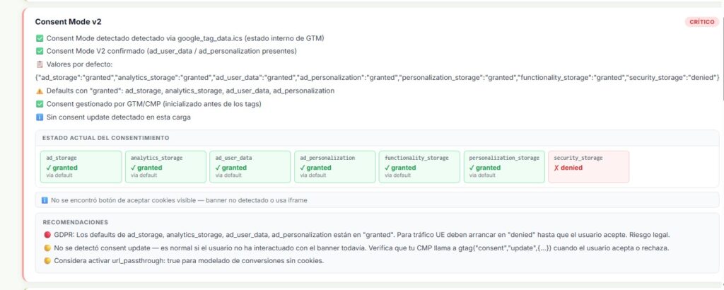 Herramienta de auditoría de Desafío detectando una anomalía en Consent Mode v2